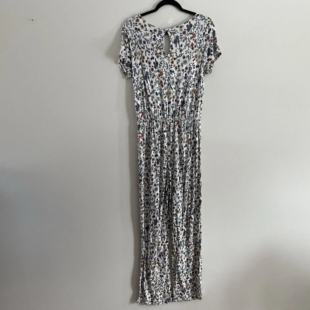 H&M Women M Ditsy Floral Boho V-Neck Short Sleeve Tapered Leg Jersey Jumpsuit